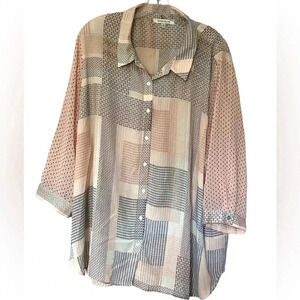 Rose & Olive pink abstract print button down 3/4 sleeve top 3X patchwork Style